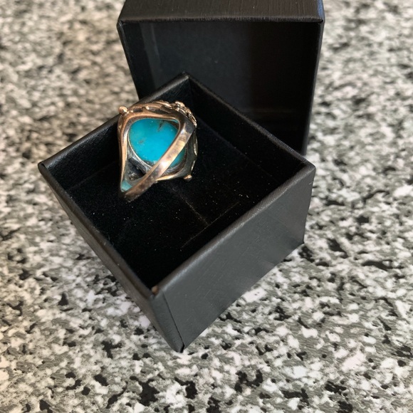 Rhodium over Sterling Cabochon Composite Turquoise and Marcasite ring Size 6 - Picture 3 of 4